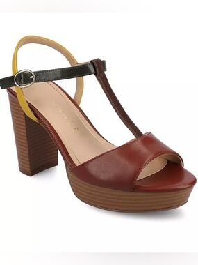 Journee Collection Nalie Shoe  Brown, Black and Yellow T‑Strap Platform Sandal